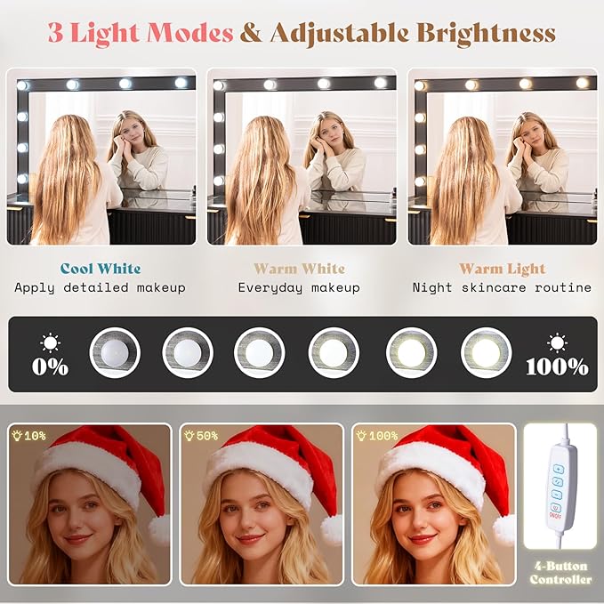 AMERLIFE 36.2" Fluted Vanity Desk with Large Mirror and Adjustable LED Lights, 4 Drawers Makeup Table with Glass Top and Charging Station for Women and Girls, Bedroom or Dorm, Black