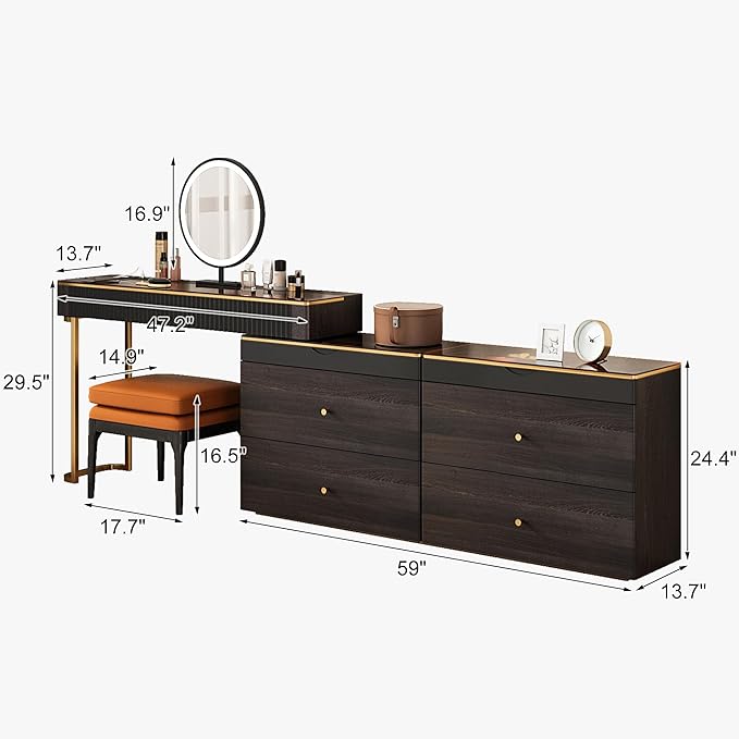 Lartis Makeup Vanity with Stool, Very Easy to Assemble,Retractable TV Cabinet Combination, Dressing Table Desk in one, Super Storage
