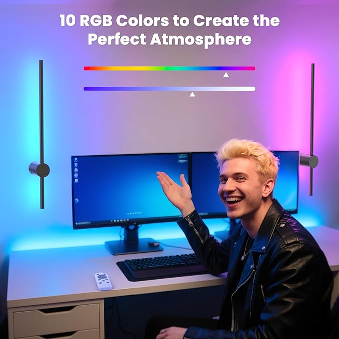 NIORSUN 24 Inch Battery Operated Wall Sconce Set of 2,Black Minimalist Rechargeable LED Wall Lights with Remote, 10 Colors Dimmable Wireless Wall Lamp for Living Room Bedroom Hallway