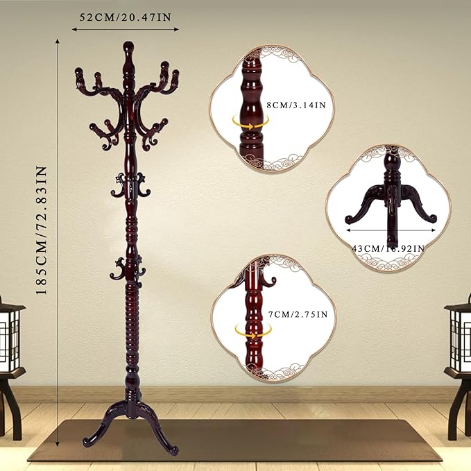 Coat Rack Freestanding, Wooden Tree Coat Rack Stand with 3 Adjustable Sizes Coat Tree and 14 Hooks, Sturdy Hall Tree with Solid Round Base for Entryway, Hallway,Bedroom (Reddish brown-Tri-Legged Base)