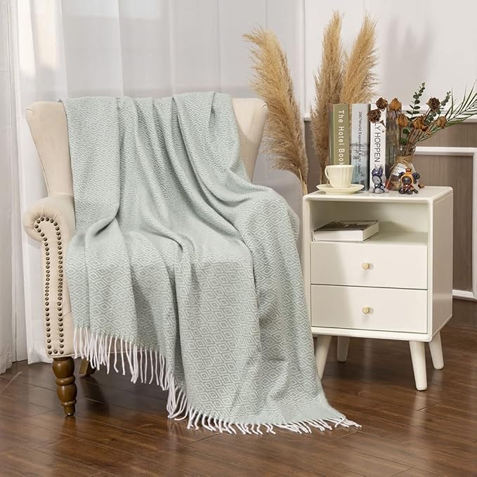 Gealaek Decorative Diamond Lattice Faux Cashmere Throw Blanket Honeydew Fringe Lightweight Fuzzy Soft Cozy Throws for Sofa Bed Farmhouse Throw Blanket 50" x 60"