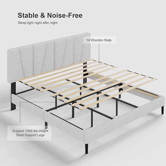Queen Size Bed Frame with Fabric Upholstered Headboard, Platform Bed with Wooden Slats Support, Fully Mattress Foundation, Box Spring Optional, Easy Assembly