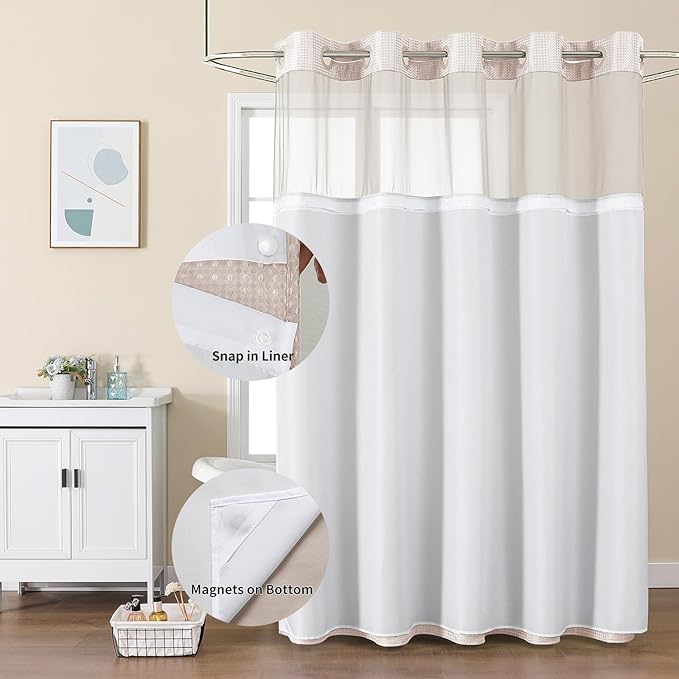 No Hook Shower Curtain with Snap in Fabric Liner, Waffle Weave Heavy Duty Thick Shower Curtains with Mesh Top Window, Hotel Style Waterproof Bathroom Curtain Set, 72 x 75 Inch, Blush Pink