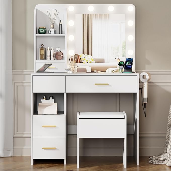 Vanity Desk with Mirror and Lights, 3 Adjustable Lighting Makeup Vanity Desk with 3 Storage Shelves, 5 Large Drawers and Power Outlet, Vanity with Chair for Bedroom, White