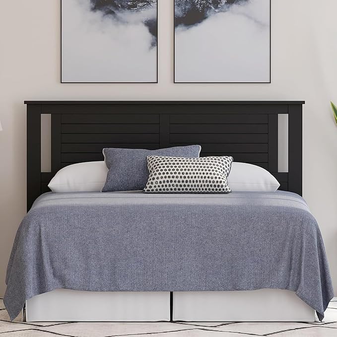 Serene Poplar Wood Queen Headboard, Modern Farmhouse Panel with Horizontal Scoring, Queen Size Headboard in Black, Casual Coastal Style, Easy Assembly, Quality Materials