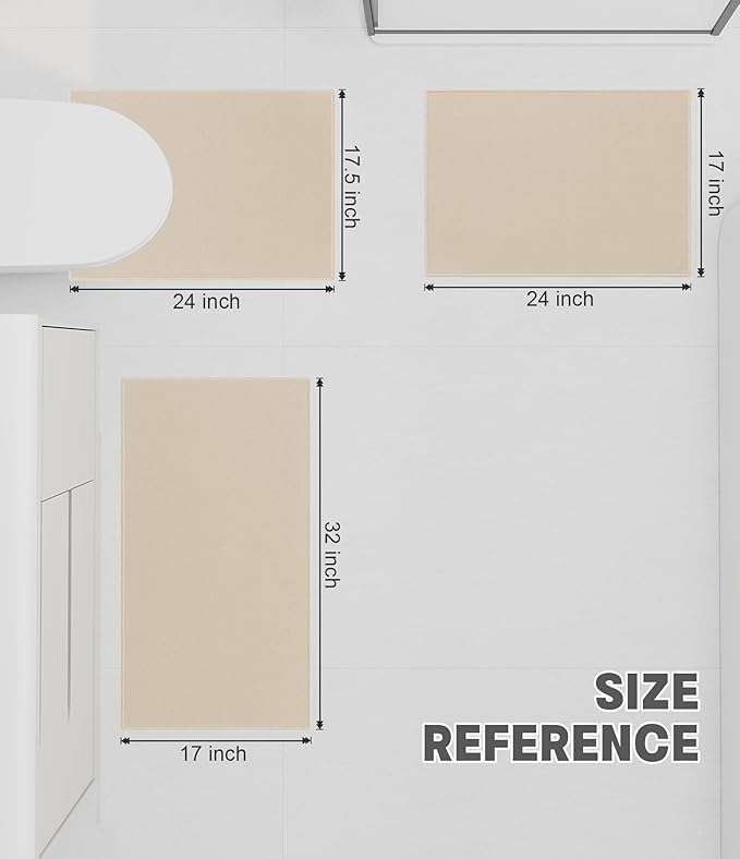 YIHOUSE Bathroom Rug Sets 3 Piece, Ultra Thin Bath Mat Fit Under Door, Quick Dry Absorbent Bath Mat Non Slip Machine Washable Bathroom Floor Mat (Beige, 3 Piece)