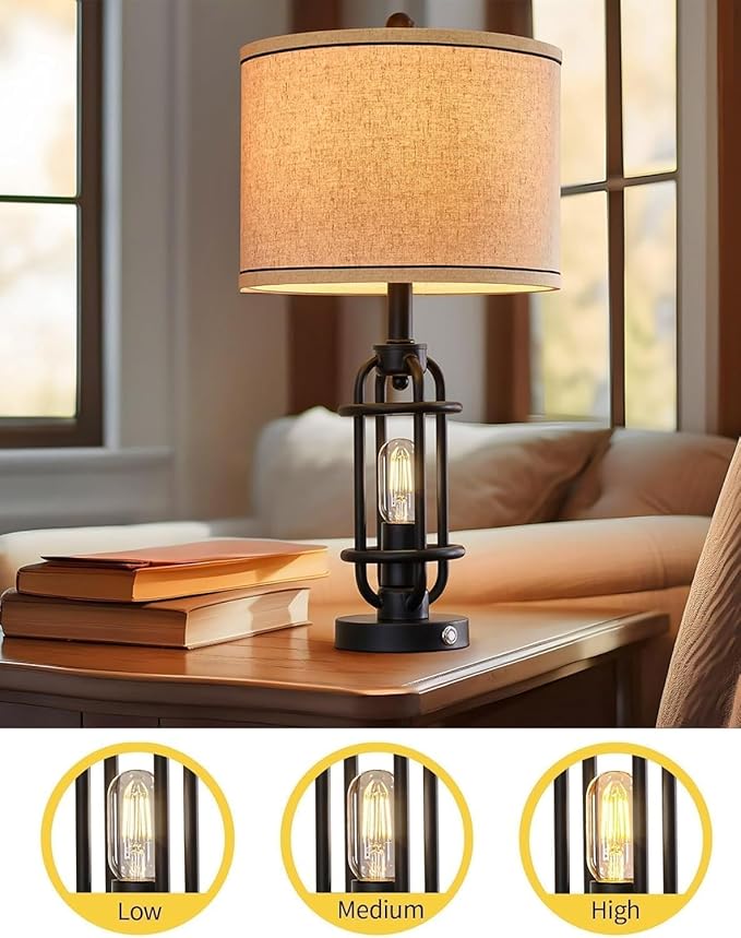 23.75'' Industrial Black Metal Table Lamps Living Room Lamp for Nightstand Bedroom lamp Single Bedside End Side Table Lamps Home Decor Touch Lamp Modern Lamps with USB Ports, Bulbs Included
