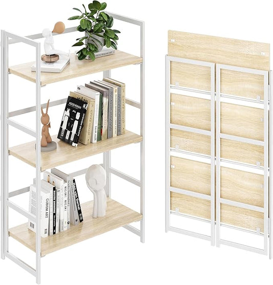 BHG Vintage Multifunctional Folding Bookshelf, No-Assembly Plant Stand Storage Rack Shelves for Home Office (White, 3-Tier)