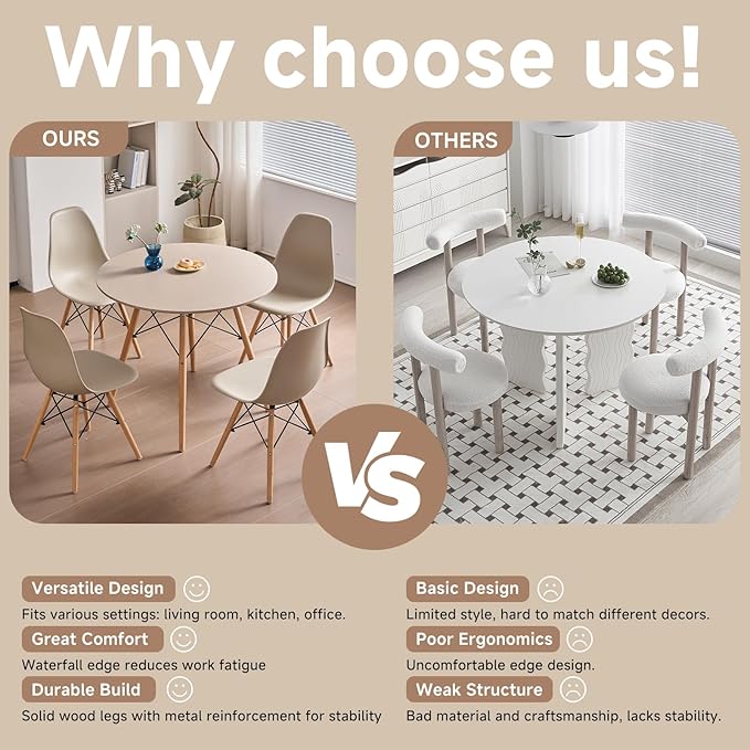 35.5'' 5 Piece Round Dining Table Set for 4, Mid-Century Modern Table with Chairs, Space Saving, Plastic Seats, Wood Legs, Circle Dinner Table for Kitchen, Home, Apartment, Khaki