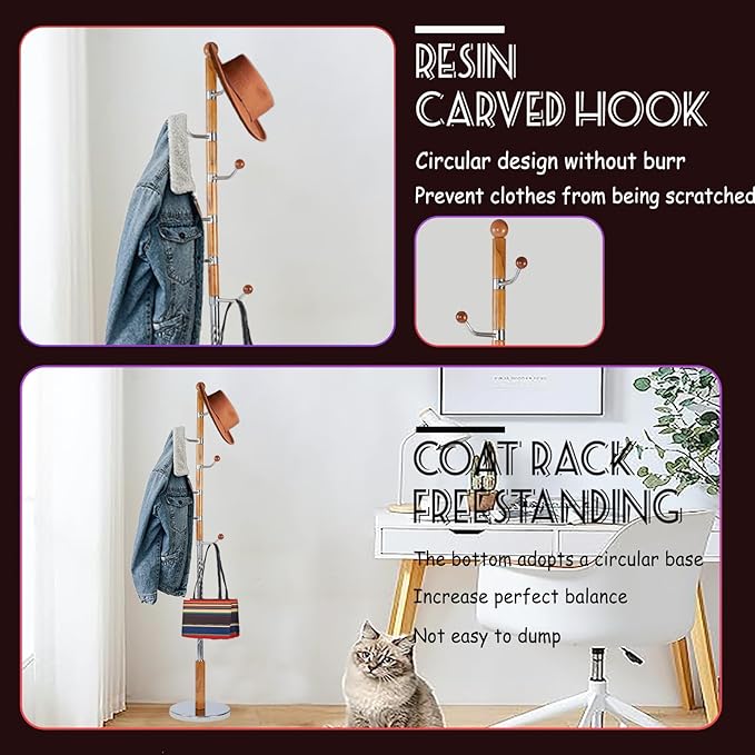 68 in Wood Coat Rack, Coat Rack Freestanding with Stable Round Base, Adjustable Height Tree Coat Racks Stand for Home Bedroom Office Hallway Entryway (Solid Wood Metal Hook)