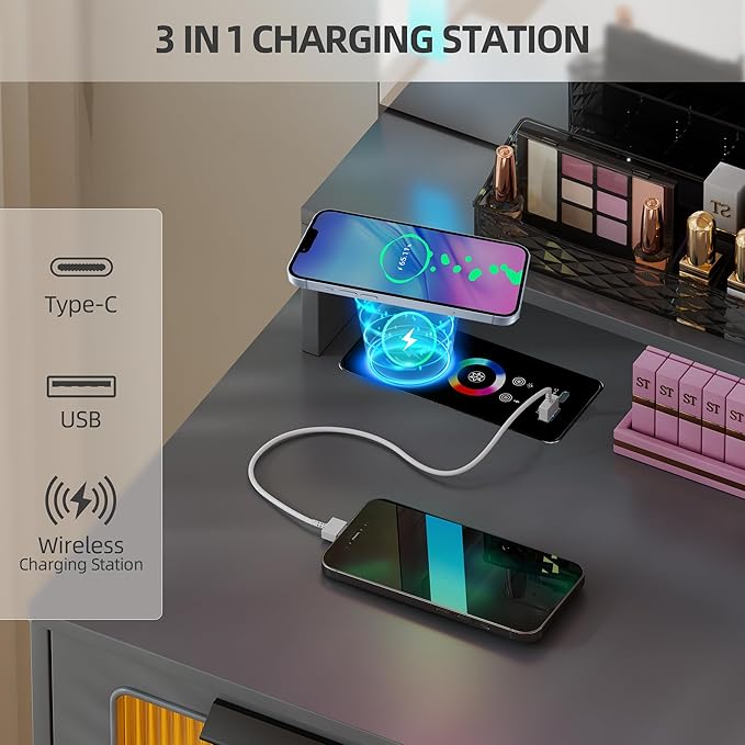 LED Makeup Vanity Desk with 20" Mirror and Light, Smart Dressing Table with 6 Drawers, 3 Shelves, 24 Color Lighting Modes, Cushioned Stool, USB Type-C Storage for Bedroom Dressing Room Gray