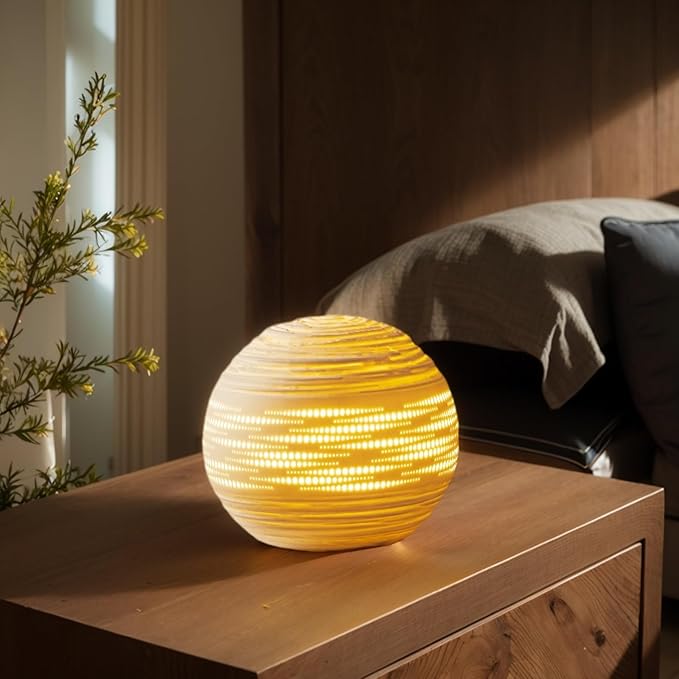 RONDURE 8.7" Modern Ceramic Table Lamp, Modern Bedside Lamps for Bedroom, Living Room and Nightstand, White Translucent Ceramic Shade, Warm Ambient Lighting, Home Decor