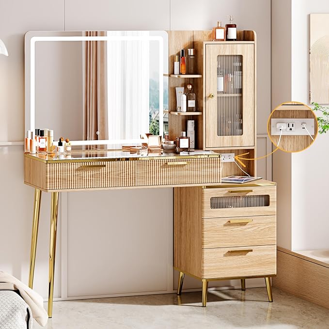 47.24" Big Modern Vanity Desk with Mirror and Lights, Vanity Desk with 29.53" HD Lighted Mirror, Makeup Vanity with 5 Drawers and Storage Shelves and Charging Station, Oak2