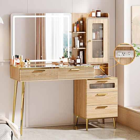 47.24" Big Modern Vanity Desk with Mirror and Lights, Vanity Desk with 29.53" HD Lighted Mirror, Makeup Vanity with 5 Drawers and Storage Shelves and Charging Station, Oak2