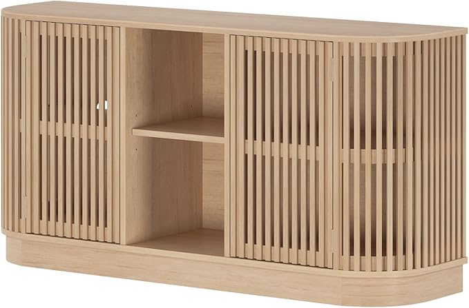 Plank+Beam Contour Wood TV Stand, Two Door Solid Wood Entertainment Console with Storage, 59" L x 16" W x 30" H, Blonde