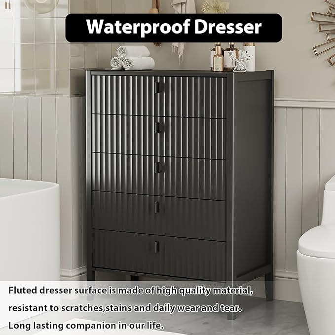 Black 5 Drawer Dresser, Fluted Wood Chest of Drawers for Bedroom, Modern Dresser with Deep Drawers for Clothes, 32 Inch Tall Nightstand for Bedroom, Living Rooms, Offices, and Entryways