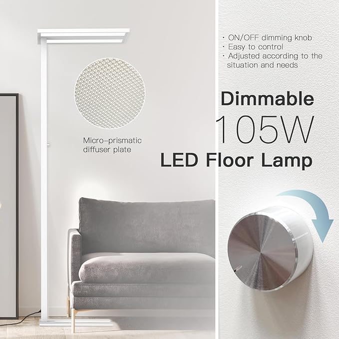 STERREN 76" Led Floor Lamp, 105W White Modern Free-Standing Lamp,11100LM Dimmable Eye-Care Tall Reading Lamp for Reading Study Room,Office,Meeting Room,4000K Natural Daylight