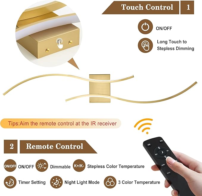 Battery Operated Wall Sconces Set of Two with Remote Control, Stepless Colors 3000K-6000K & Dimming, LED Brass Wireless Wall Light for Living Room, Hallway, Bedroom, 39.3 Inch (2 Pack)