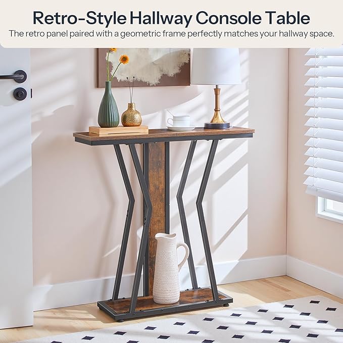 HOOBRO Narrow Console Table, 29.5" Small Entryway Table with Storage, 2-Tier Behind Sofa Table, Modern Style, for Living Room, Hallway, Foyer, Bedroom, Rustic Brown and Black BF66XG01