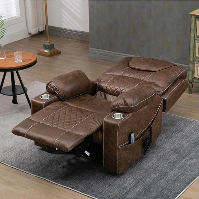 180 Degrees Lay Flat Lift Recliner with Massage and Heat, Cup Holder, 400 lb Capacity Recliner for Big and Tall Men, Lazyboy Sleeping (Brown Leather)