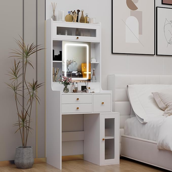ARTETHYS Small Vanity Desk with Sliding Mirror and Lights White Makeup Vanities Set with Drawers Compact Dressing Table with Cabinet and Adjustable Shelves for Bedroom