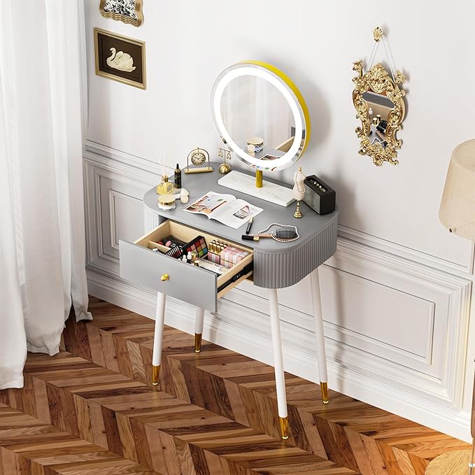 WinZo 24" Vanity Desk with Mirror and Lights, Small Makeup Vanity Table with 1 Storage Drawers, 3 Color Touch Screen Stylish Dressing Table for Small Spaces & Bedroom, Gray
