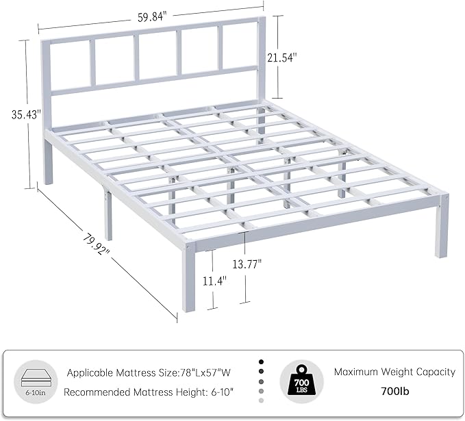 14 Inch Bamboo Bed Frame – Solid Wood Platform Bed Frame, Strong and Stable, with Non-Slip Slats for Support, No Box Spring Needed, Easy to Assemble, Noise-Free (White with Headboard, Queen)