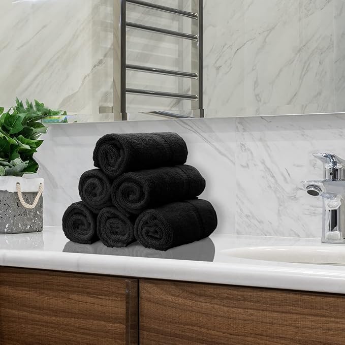 Luxury Hotel & Spa Quality, Quick Dry 100% Turkish Cotton 700 GSM, Eco Friendly Towel, for Bathroom, Gymand Kitchen Dobby Border Soft Hand Towel Set 16 X 30, Black, Hand Towels - Set of 6