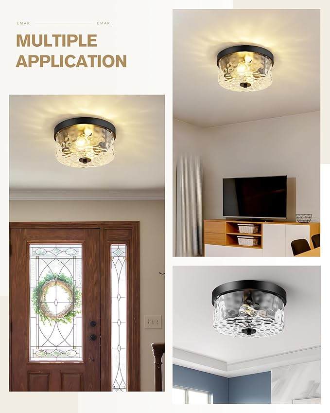 Emak 11 Inch Flush Mount Ceiling Light Fixture, Modern Black Light Fixtures Ceiling Mount with Hammered Glass Shade, 2-Light Drum Ceiling Lights for Bedroom, Bathroom, Hallway, Kitchen, FM082-BK-HG