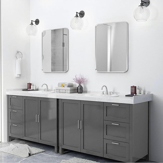 Silver Framed Bathroom Mirror, Brushed Nickel Rounded Corner Rectangle Wall Mirror, Tempered Glass, Shatter Proof, Anti-Rust, Hangs Horizontally or Vertically (22" x 30", Silver)