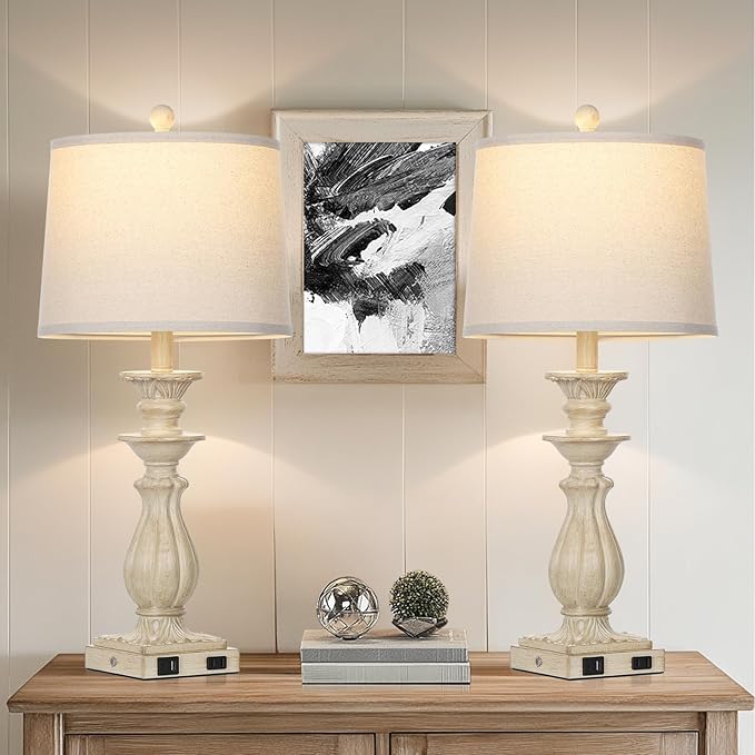28" Farmhouse Table Lamps Set of 2 for Living Room, 3 Way Dimmable Bedside Lamp with USB C+A Ports & AC Outlet, Resin Vintage Tall Nightstand Lamps for Bedroom Office Hallway, Beige