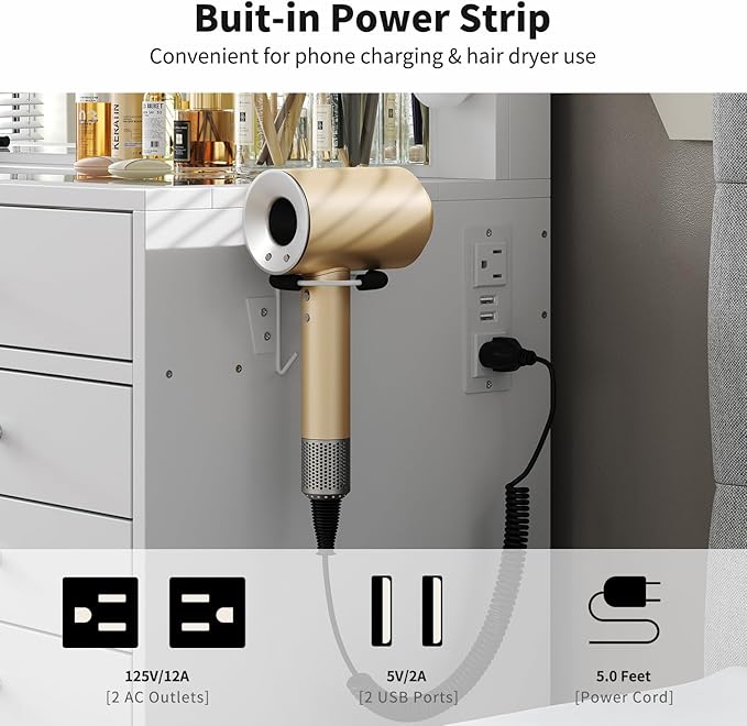 55" W Vanity Desk, Makeup Vanity with Charging Station, 15 Drawers with Lighted Mirror, 3 Lighting Modes, Brightness Adjustable, Glass Top, Vanity Table with Chair for Bedroom, White