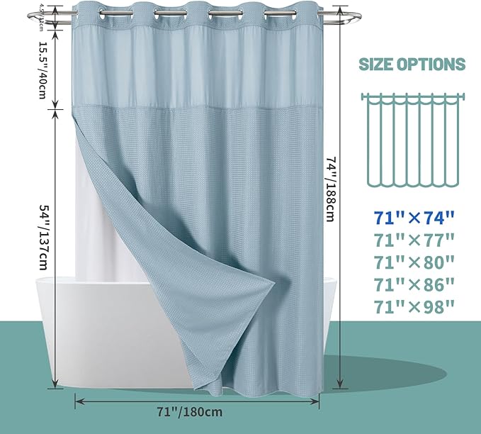 Teal Hook Waffle Weave Shower Curtain with snap-in Liner Replacement, 230GSM Waterproof Fabric Hotel Shower Curtain Set for Bathroom, Through Mesh Top Window,71Wx74H