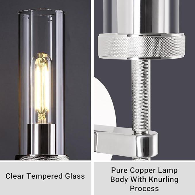 Modern Chrome Knurled Wall Sconces,14" Glass Sconces Wall Lighting indoor, Bathroom Vanity Light Wall Sconces, Wall Lights For Living Room Bedroom Hallway Kitchen Bathroom Mirror(Including Bulb)