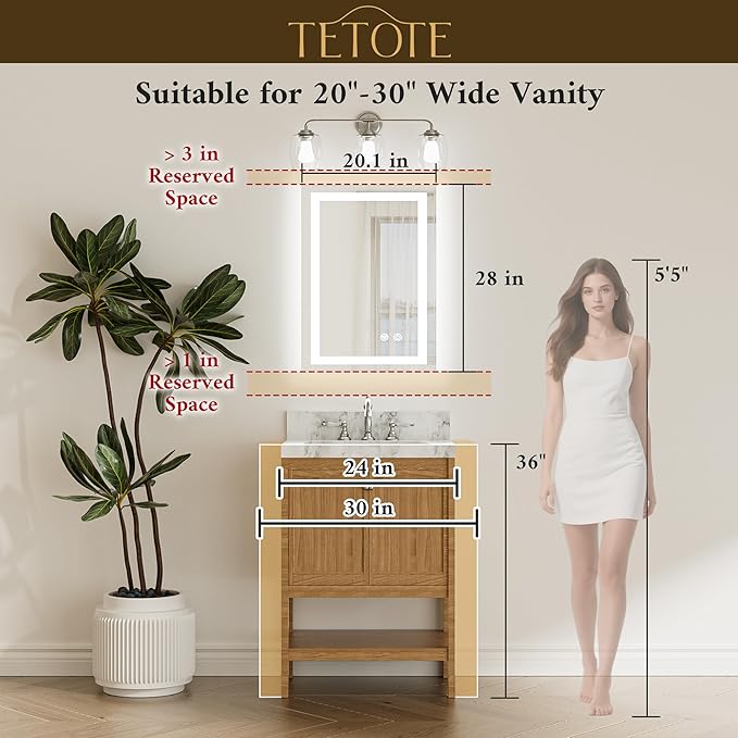 TETOTE LED Bathroom Mirror 20 x 28 Inch Brighter Light up Mirror for Bathroom Vanity, Front and Backlit Lighted Anti-Fog Wall Mirror with Lights, 3-Color Dimmable, Waterproof, Tempered Glass