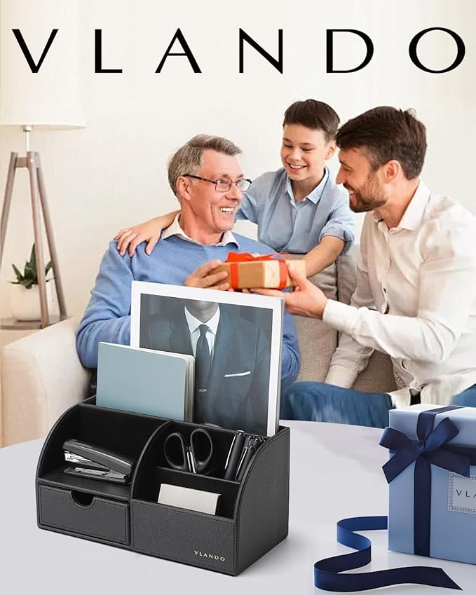 Vlando Office Supplies Desk Organizer Caddy, Desktop Hanging File Letter Document Storage Holder with Drawer Organizer Section for Office Home (Black)