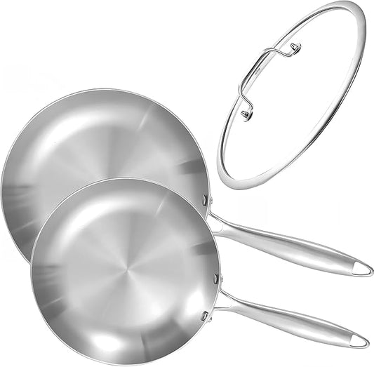 LOLYKITCH 8.5-10 Inch Tri-ply Stainless Steel Frying Pan Set with Lid,Skillets,Induction Cookware,Dishwasher and Oven Safe