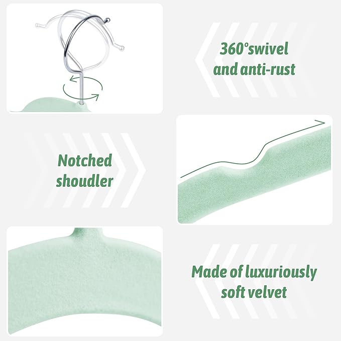 Velvet Hangers 50 Pack – Slim Non-Slip Flocked Hangers with Notches, Space-Saving Closet Organizer for Dresses, Blouses, Coats(Green)