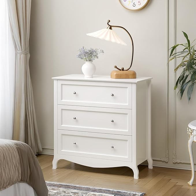 VINGLI White Dresser 3 Drawer Chest of Drawers for Bedroom, Painted Wood Dresser with Large Drawers and Curved Legs, 31.5" W Large Nightstand, 31.5" W*15.75" D*31.5" H