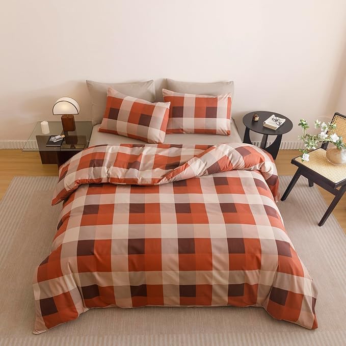 CLOTHKNOW Plaid Twin/Twin XL Comforter Set 3Pcs Gingham Bedding Comforter Sets Rust Brown Khaki Geometric Comforter Twin Sets