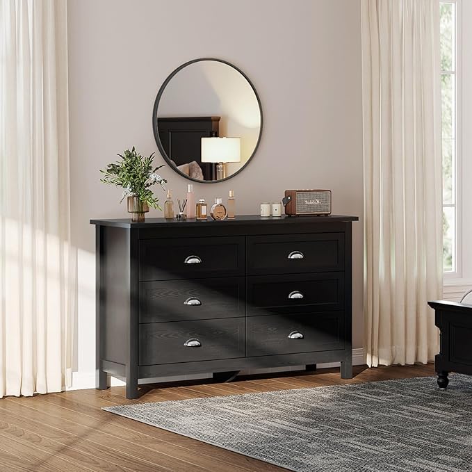Black Dresser for Bedroom, Farmhouse 6 Drawer Double Dresser with Vintage Antique Handles, Modern Dressers and Chest of Drawers for Bedroom