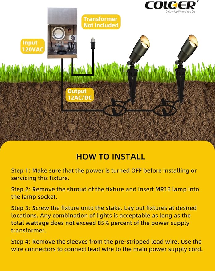 COLOER Die-cast Brass Outdoor Spot Lights for Yard, 12V AC/DC Low Voltage Landscape Lighting Kit, IP65 Waterproof Backyard Outdoor Directional Uplight(101B,Bronze,10-Pack Without Bulb)