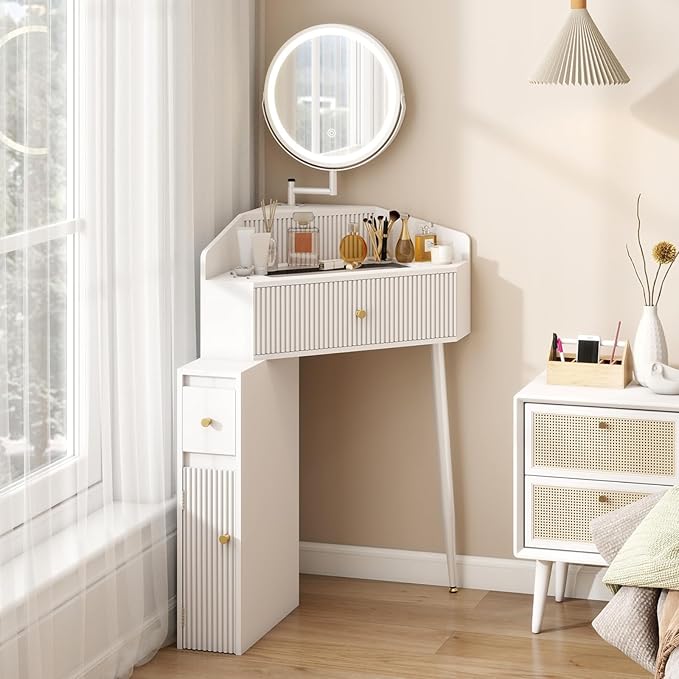 ARTETHYS Corner Vanity Desk with Retractable and Rotating Mirror and Lights Small Modern White Makeup Vanity Set with Glass Top for Women Compact Girls Dressing Table with Drawer for Small Space