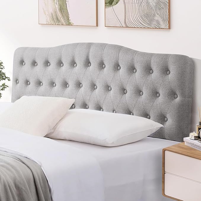 Upholstered Headboard, Button Diamond Tufted Headboards with Adjustable Height and Solid Wood Leg, Linen Fabric Padded Headboard for King Size Bed, Mordern Head Board (Grey, King)