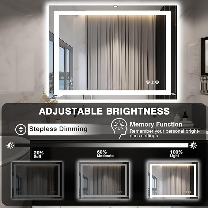 48"x40" LED Lighted Bathroom Mirror with Front Light and Backlit, Anti-Fog Bathroom Mirror with Lights, Stepless Dimmable LED Mirror, 3 Colors Smart Mirror (Horizontal/Vertical)
