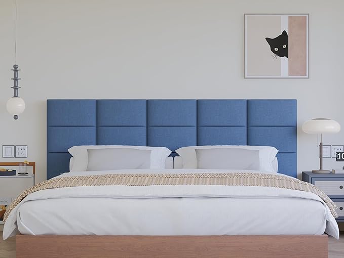 Peel and Stick Upholstered Headboard, 3D Soundproof Padded Wall Panels for King Size, Soft Tufted Bed Headboard, Reusable and Removable Bed in Blue (12 Panels, 10" x 24")