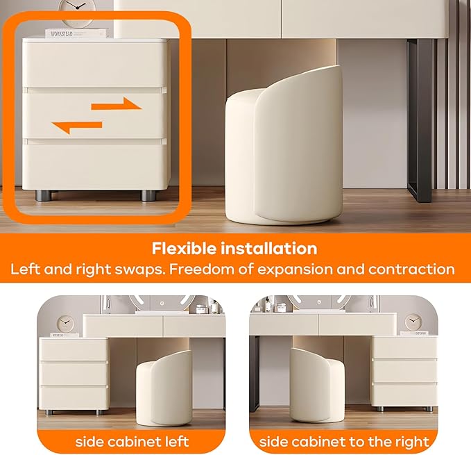 Solid Wood Vanity Desk, Modern Makeup Vanity with Drawers & Rock Slab Countertop and LED Light Mirror, Simple Dressing Table with Makeup Stool for Bedroom (White)