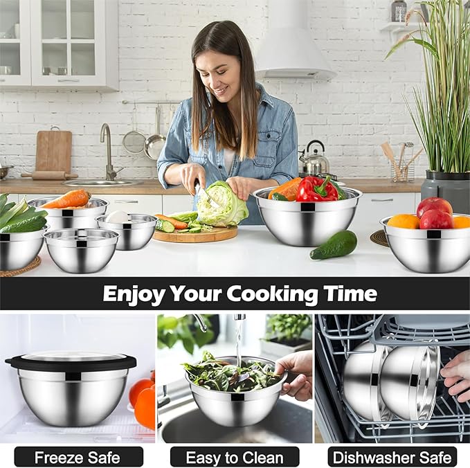 E-far Mixing Bowls Set of 7, Stainless Steel Mixing Bowls with Airtight Clear Lids, Metal Nesting Bowls for Kitchen Prep, Baking, Serving, Dishwasher Safe, Size 4.6, 3.5, 3, 2, 1.5, 1, 0.7QT, Black