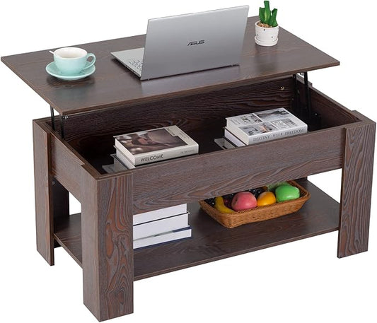 FDW Lift Top Coffee Table with Hidden Compartment and Storage Shelf Wooden Lift Tabletop for Home Living Room Reception Room Office,39.4inch,Espresso