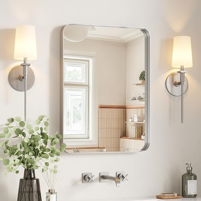 USHOWER Brushed Nickel Bathroom Mirror 22"x30", Silver Rectangle Mirror for Over Sink, Rounded Corner, Aluminum Frame, Anti-Rust, Tempered Glass, Horizontal or Vertical Mounted